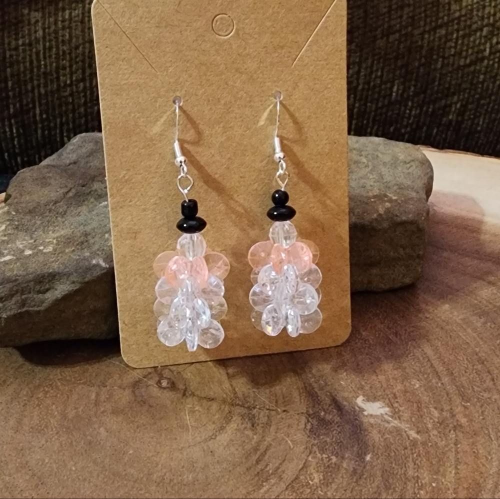 Snowman Hook Dangle Drop Earrings with Clear and Pink Acrylic Beads